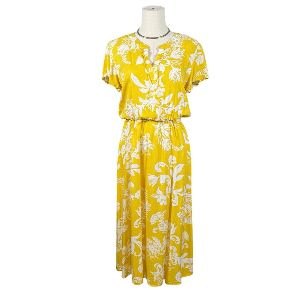 Liz Claiborne Yellow Floral Rayon Midi Dress Elastic Waist Size Small Retro